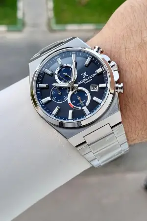 Kadranı Lacivert Kordonu Gümüş Renk Hediye Paketli 44 Mm Erkek Kol Saati