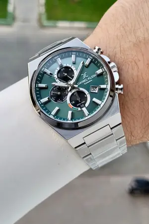 Kadranı Yeşil Kordonu Gümüş Renk Hediye Paketli 44 Mm Erkek Kol Saati