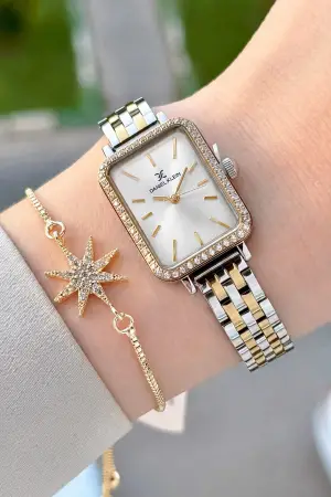 Gold Gümüş Renk Hediye Paketli 21 Mm Kadın Kol Saati ve Bileklik