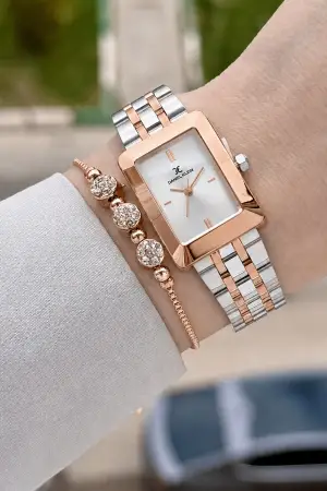 Rose Gümüş Renk Hediye Paketli 22 Mm Kadın Kol Saati ve Bileklik ve Bileklik