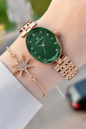 Kadranı Yeşil Kordonu Rose Renk Hediye Paketli 24 Mm Kadın Kol Saati ve Bileklik