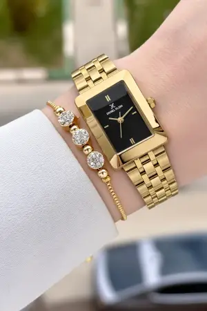 Kadranı Siyah Kodronu Gold Renk Hediye Paketli 22 Mm Kadın Kol Saati ve Bileklik ve Bileklik