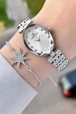 Gümüş Renk Hediye Paketli 24 Mm Kadın Kol Saati ve Bileklik
