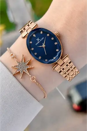 Kadranı Lacivert Kordonu Rose Renk Hediye Paketli 24 Mm Kadın Kol Saati ve Bileklik