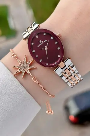 Kadranı Bordo Kordonu Rose Gümüş Renk Hediye Paketli 24 Mm Kadın Kol Saati ve Bileklik