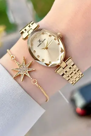 Kadranı Sarı Kordonu Gold Renk Hediye Paketli 24 Mm Kadın Kol Saati ve Bileklik