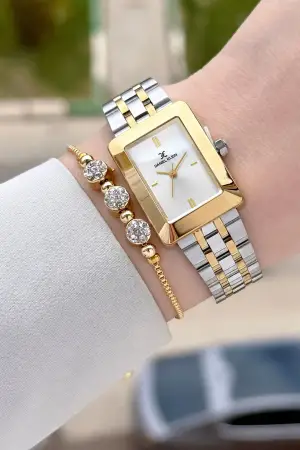 Gold Gümüş Renk Hediye Paketli 22 Mm Kadın Kol Saati ve Bileklik ve Bileklik