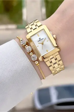 Gold Renk Hediye Paketli 22 Mm Kadın Kol Saati ve Bileklik ve Bileklik