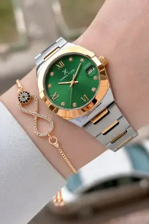 Kadranı Yeşil Kordonu Rose Gümüş Renk 30 Mm Kadın Kol Saati ve Bileklik