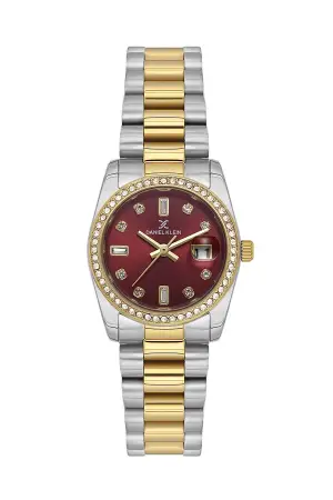 Kadranı Bordo Kordonu Gold Gümüş Renk 28 Mm Kadın Kol Saati ve Bileklik