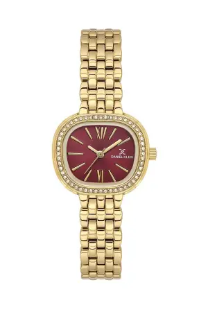 Kadranı Bordo Kordonu Gold Renk 27 Mm Hediye Paketli Kadın Kol Saati ve Bileklik