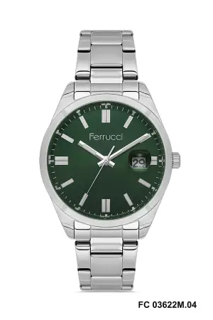Kadranı Yeşil Kordonu Gümüş Renk Hediye Paketli 40 Mm Takvimli Erkek Kol Saati
