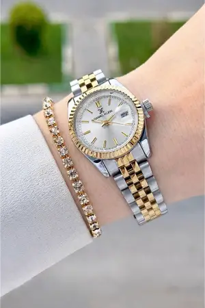 Gold Gümüş Renk 28 Mm Hediye Paketli Kadın Kol Saati ve Bileklik