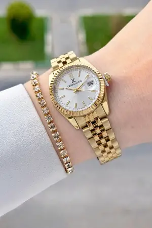 Gold Renk 28 Mm Hediye Paketli Kadın Kol Saati ve Bileklik