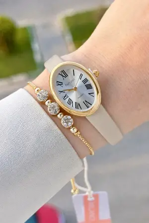 Kasası Gold Kordonu Krem Renk Hediye Paketli 22 Mm 5 ATM Kadın Kol Saati