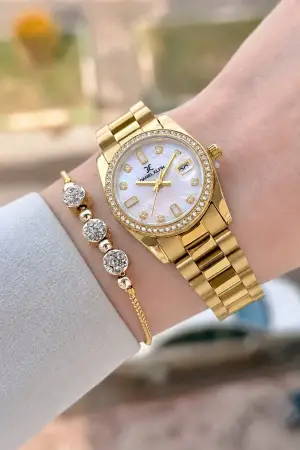 Gold Renk 28 Mm Kadın Kol Saati ve Bileklik