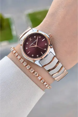 Kadranı Bordo Kordonu Rose Gümüş Renk 30 mm Hediye Paketli Kadın Kol Saati