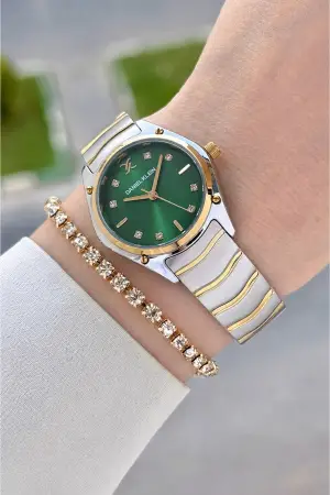 Kadranı Yeşil Kordonu Gold Gümüş Renk 30 mm Hediye Paketli Kadın Kol Saati