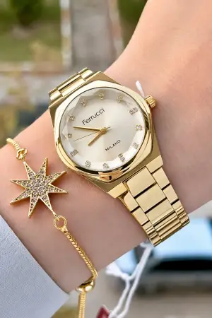 Gold Renk Hediye Paketli 30 Mm Kadın Kol Saati ve Bileklik