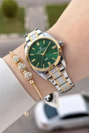 Kadranı Yeşil Kordonu Gold Gümüş Renk 30 Mm Hediye Paketli Kadın Kol Saati