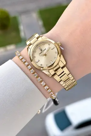 Kadranı Sarı Kordonu Gold Renk 28 Mm Hediye Paketli Kadın Kol Saati