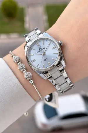 Kadranı Mavi Kordonu Gümüş Renk 30 Mm Hediye Paketli Kadın Kol Saati