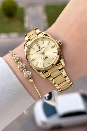 Kadranı Sarı Kordonu Gold Renk 30 Mm Hediye Paketli Kadın Kol Saati