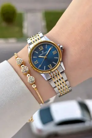Kadranı Lacivert Kordonu Gold Gümüş Renk 28 Mm Hediye Paketli Kadın Kol Saati
