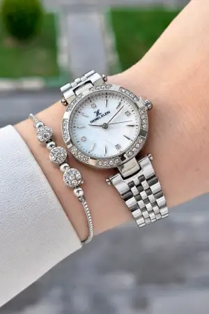 Gümüş Renk 30 Mm Crystal Cam Hediye Paketli Kadın Kol Saati