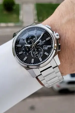 Kadranı Siyah Kordonu Gümüş Renk 44 Mm İç Göstergeleri Aktif Hediye Paketli Erkek Kol Saati