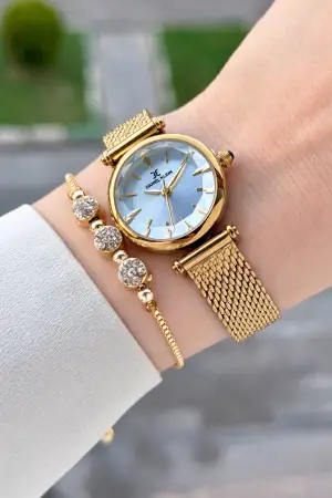 Kadranı Mavi Kordonu Gold Renk 26 Mm Hediye Paketli Kadın Kol Saati