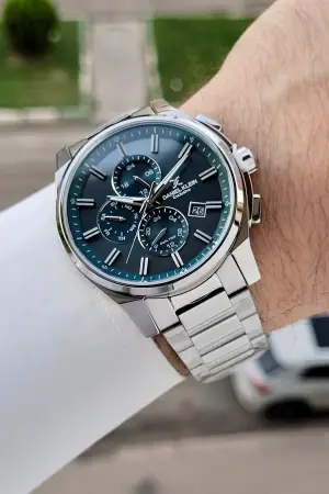 Kadranı Mavi Kordonu Gümüş Renk 44 Mm İç Göstergeleri Aktif Hediye Paketli Erkek Kol Saati