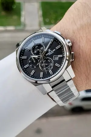 Gümüş Siyah Renk 44 Mm İç Göstergeleri Aktif Hediye Paketli Erkek Kol Saati