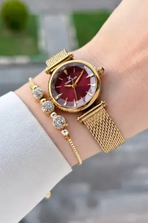 Kadranı Bordo Kordonu Gold Renk 26 Mm Hediye Paketli Kadın Kol Saati