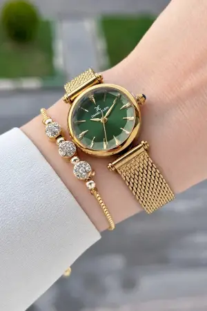 Kadranı Yeşil Kordonu Gold Renk 26 Mm Hediye Paketli Kadın Kol Saati