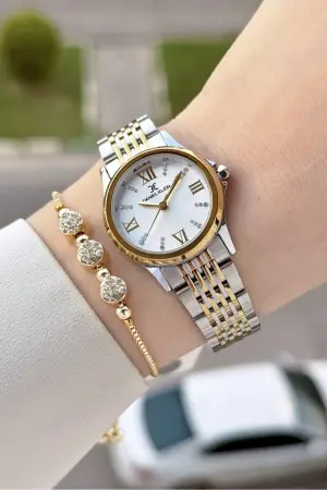 Gold Gümüş Renk 28 Mm Hediye Paketli Kadın Kol Saati