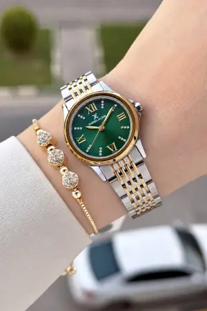 Kadranı Yeşil Kordonu Gold Gümüş Renk 28 Mm Hediye Paketli Kadın Kol Saati