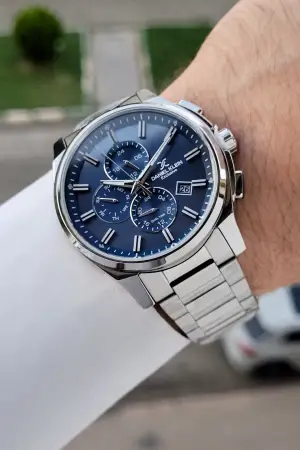 Kadranı Lacivert Kordonu Gümüş Renk 44 Mm İç Göstergeleri Aktif Hediye Paketli Erkek Kol Saati