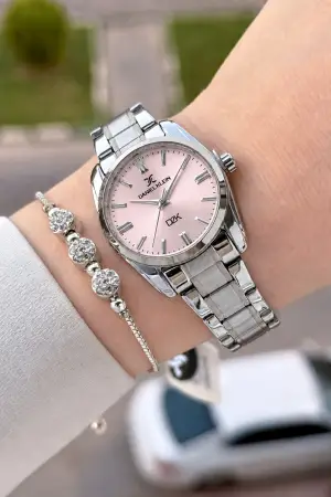 Kadranı Pembe Kordonu Gümüş Renk 30 Mm Hediye Paketli Kadın Kol Saati