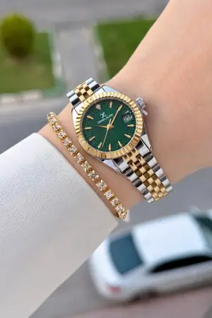 Kadranı Yeşil Kordonu Gold Gümüş Renk 28 Mm Hediye Paketli Kadın Kol Saati