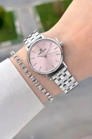Kadranı Pembe Kordonu Gümüş Renk 30 Mm Hediye Paketli Kadın Kol Saati ve Bileklik