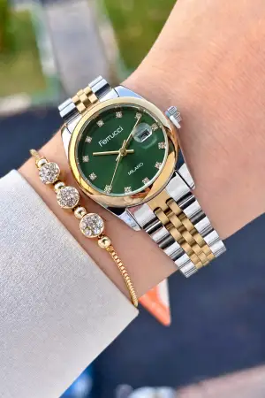 Kadranı Yeşil Kordonu Gold Gümüş Renk 28 Mm Hediye Paketli Kadın Kol Saati