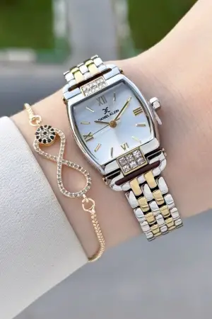 Gold Gümüş Renk 24 mm Hediye Paketli Kadın Kol Saati