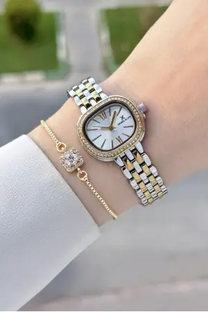 Gold Gümüş Renk 27 Mm Hediye Paketli Kadın Kol Saati ve Bileklik
