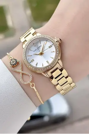 Gold Renk 30 mm Kadın Kol Saati ve Bileklik