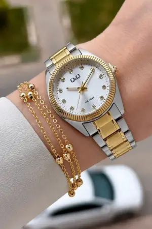 Gold Gümüş Renk 30 Mm Rakamlı Kadın Kol Saati ve Hediye Bileklik