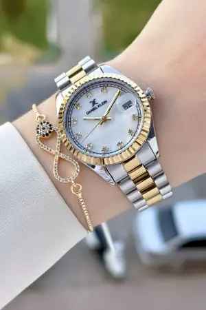 Gold Gümüş Renk 33 Mm Hediye Paketli Kadın Kol Saati ve Bileklik