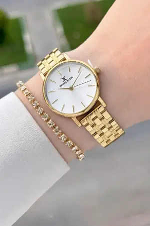 Gold Renk 30 Mm Hediye Paketli Kadın Kol Saati ve Bileklik