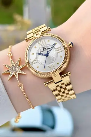 Gold Renk 32 Mm Kadın Kol Saati ve Bileklik