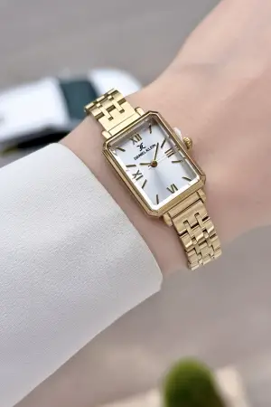 Gold Renk Dikdörtgen Kasa Kadın Kol Saati ve Bileklik